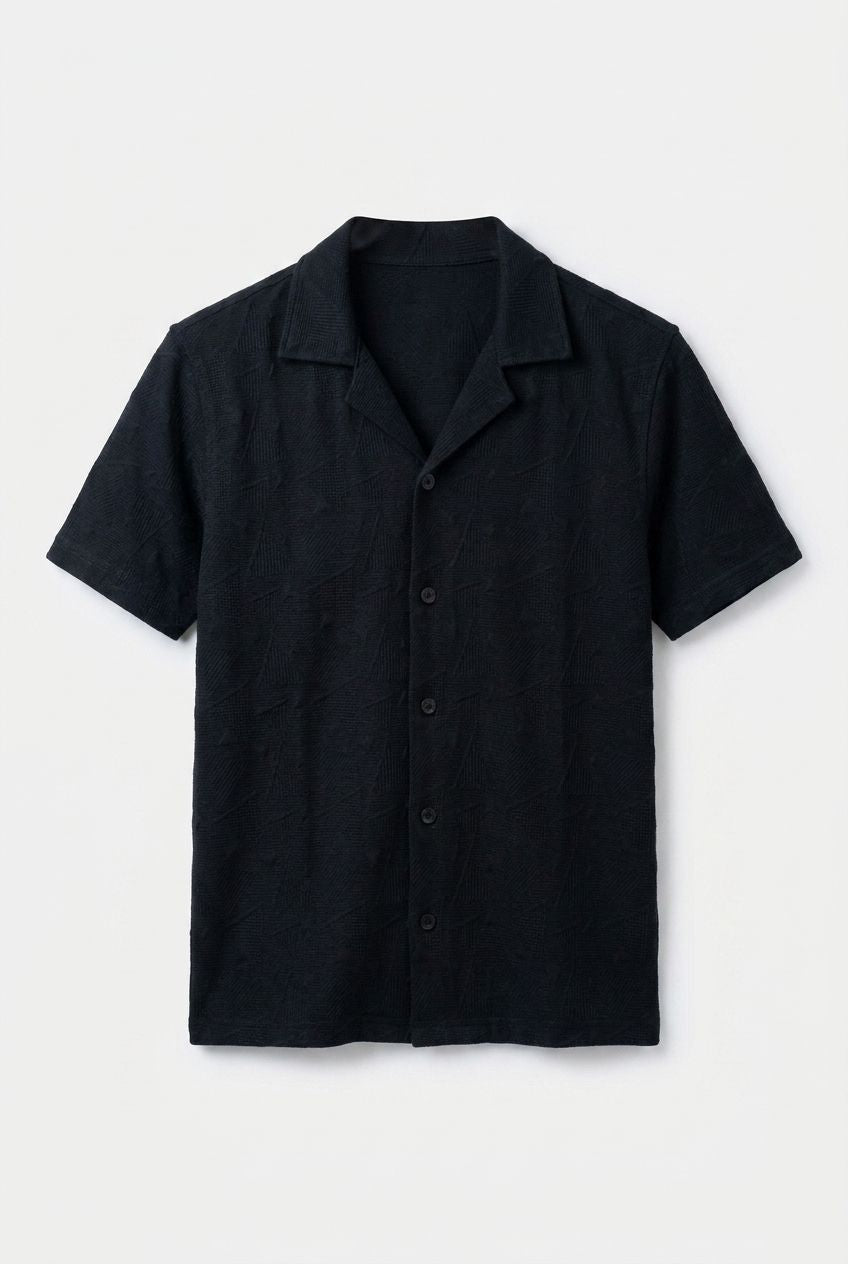 Gambluss Black Textured Cuban Collar Shirt | Premium Men's Stretch Half Sleeve Shirt