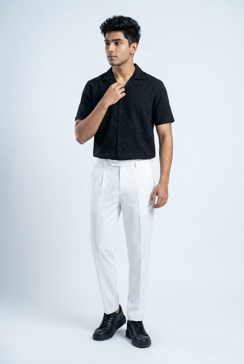 Gambluss Black Textured Cuban Collar Shirt | Premium Men's Stretch Half Sleeve Shirt