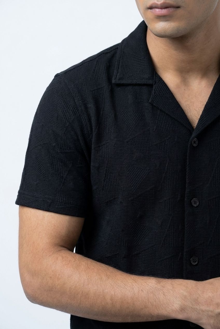 Gambluss Black Textured Cuban Collar Shirt | Premium Men's Stretch Half Sleeve Shirt
