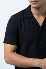 Gambluss Black Textured Cuban Collar Shirt | Premium Men's Stretch Half Sleeve Shirt