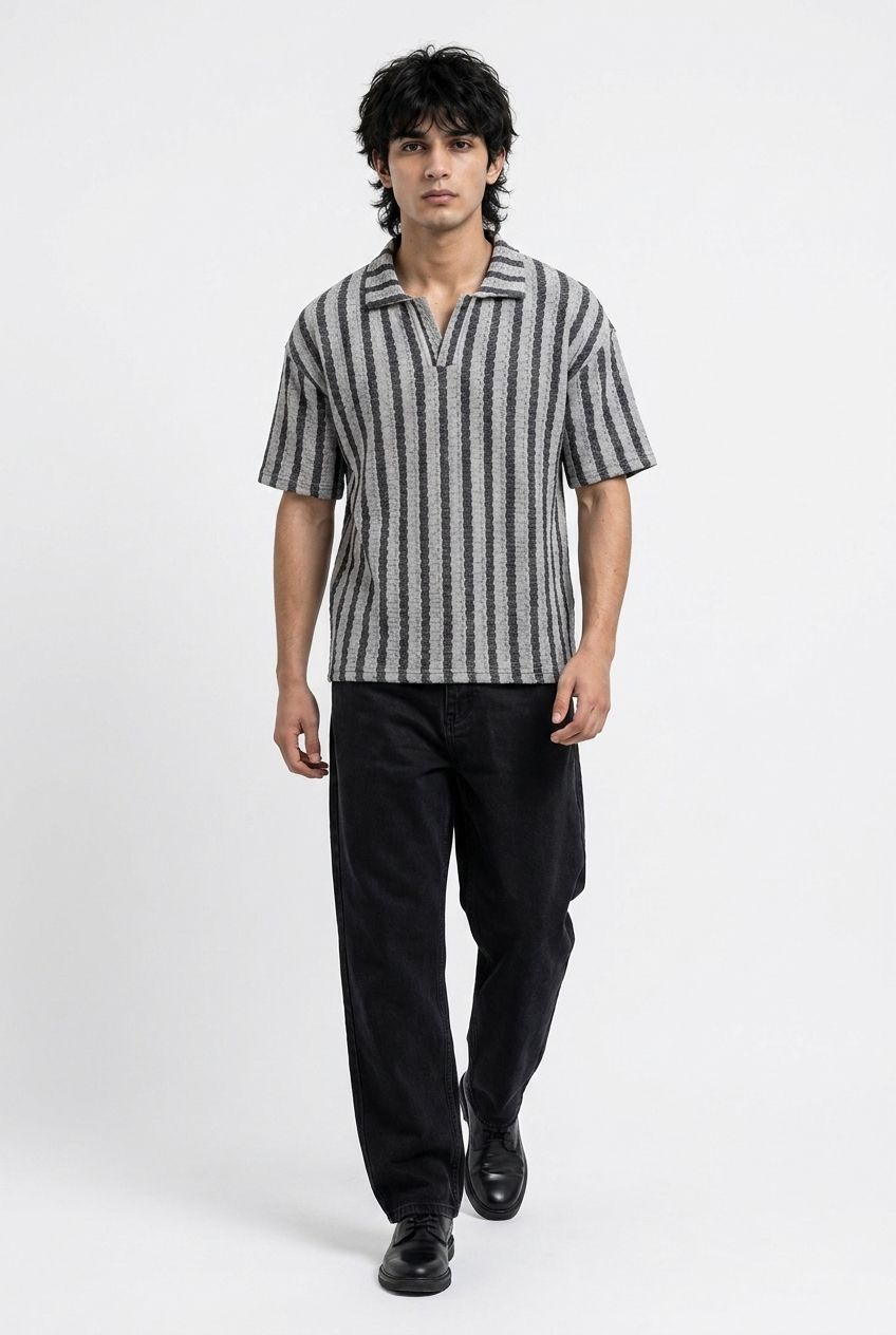Gambluss Grey & Black Striped Turkish Textured Drop Shoulder Polo Shirt | Premium Men's Knit Polo
