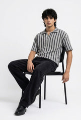 Gambluss Grey & Black Striped Turkish Textured Drop Shoulder Polo Shirt | Premium Men's Knit Polo
