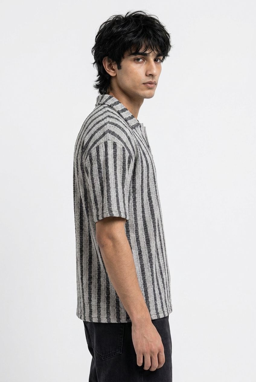 Gambluss Grey & Black Striped Turkish Textured Drop Shoulder Polo Shirt | Premium Men's Knit Polo