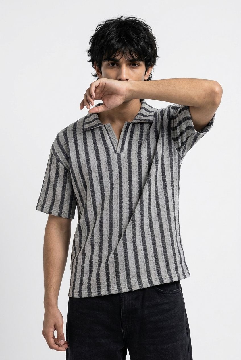 Gambluss Grey & Black Striped Turkish Textured Drop Shoulder Polo Shirt | Premium Men's Knit Polo