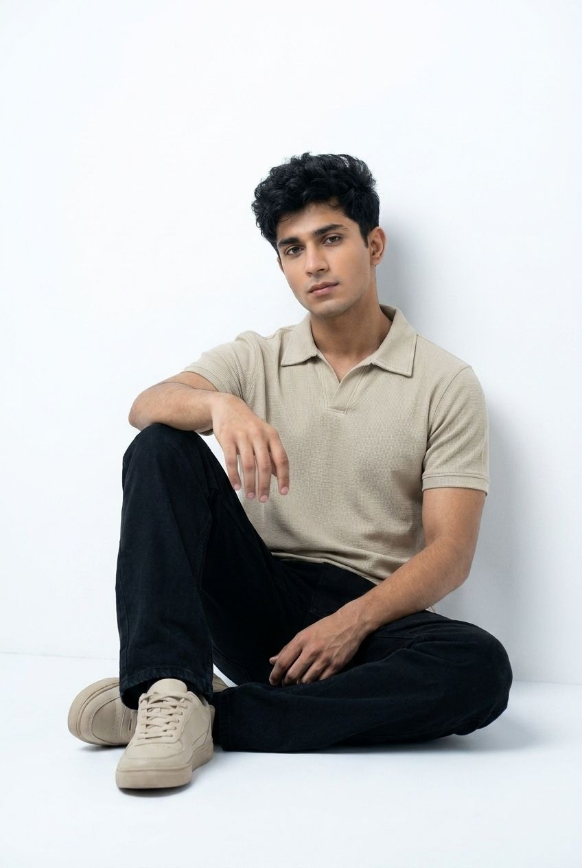 Gambluss Knitted Cotton Textured Johnny Collar Polo Shirt - Beige