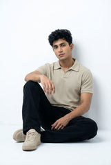 Gambluss Knitted Cotton Textured Johnny Collar Polo Shirt - Beige