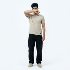 Gambluss Knitted Cotton Textured Johnny Collar Polo Shirt - Beige