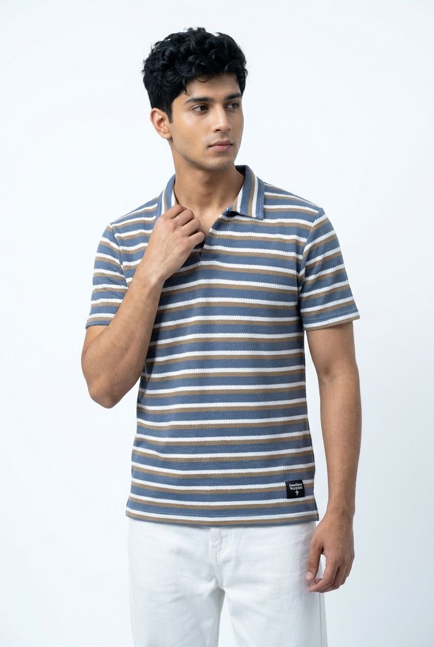 Gambluss Knitted Cotton Textured Striped Polo Shirt | Premium Men's Cotton Blend Polo