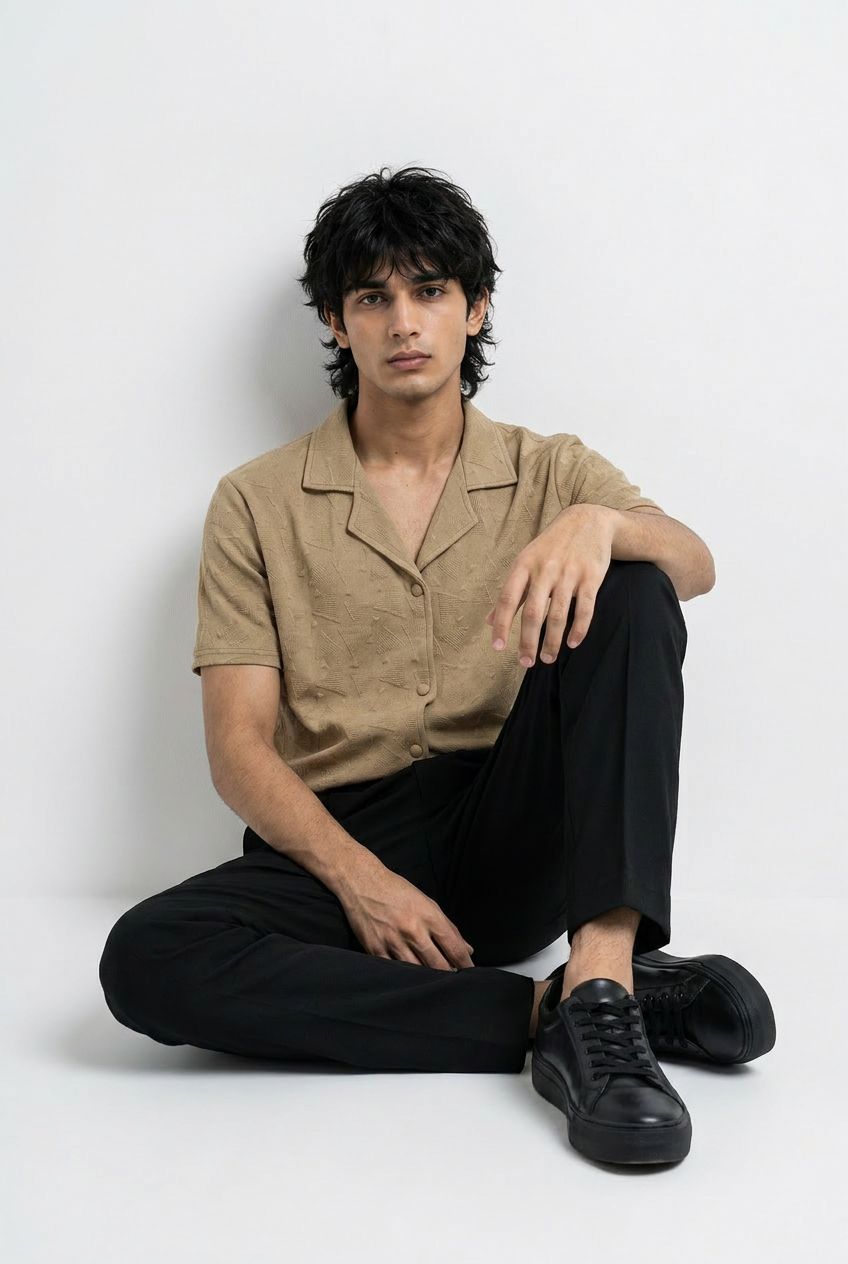 Gambluss Peanut Brown Textured Cuban Collar Shirt | Premium Men's Stretch Half Sleeve Shirt