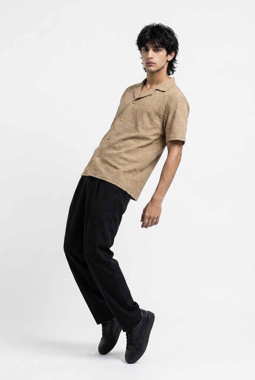 Gambluss Peanut Brown Textured Cuban Collar Shirt | Premium Men's Stretch Half Sleeve Shirt