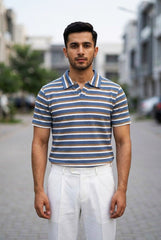 Gambluss Knitted Cotton Textured Polo Shirt - Stripped
