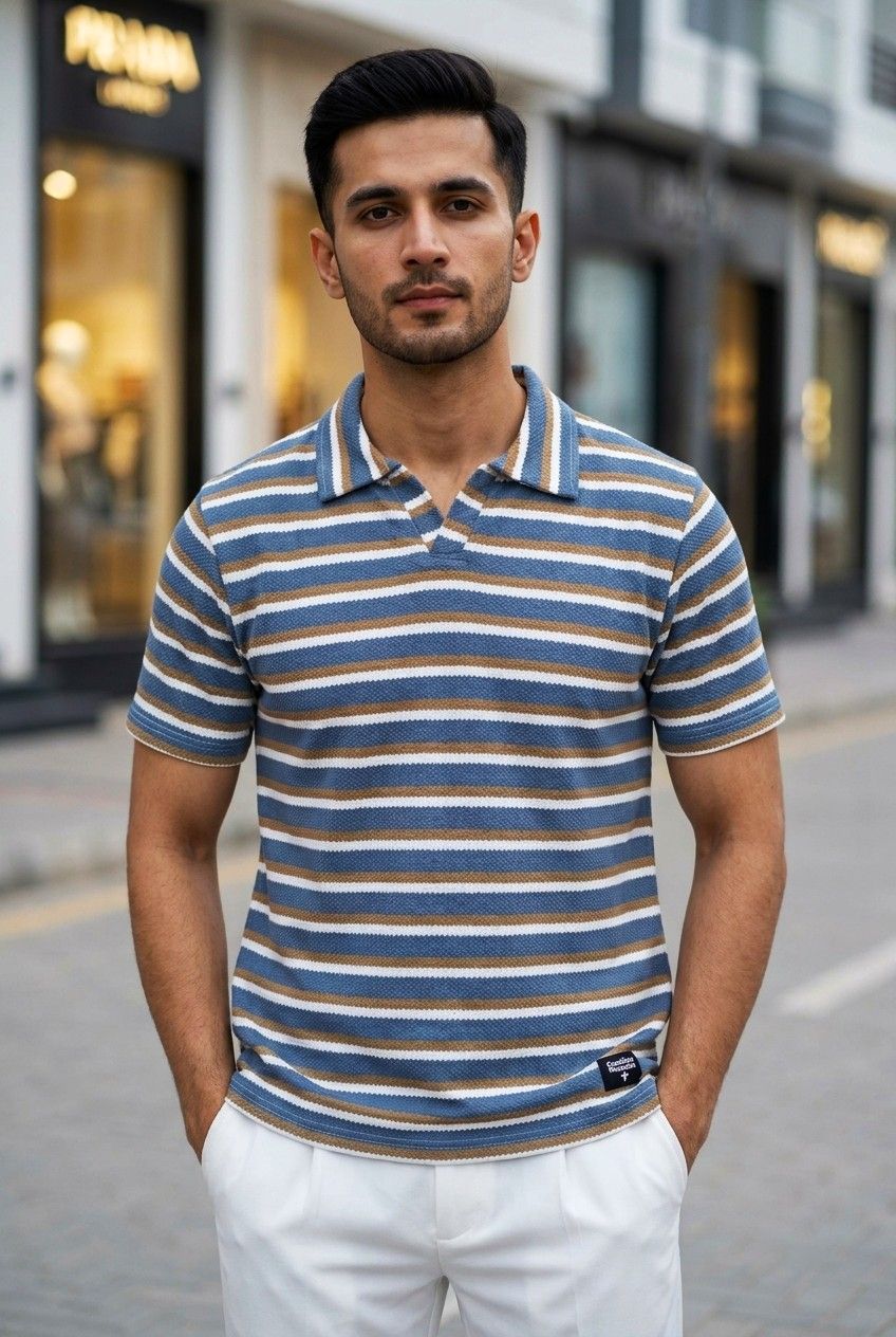 Gambluss Knitted Cotton Textured Polo Shirt - Stripped