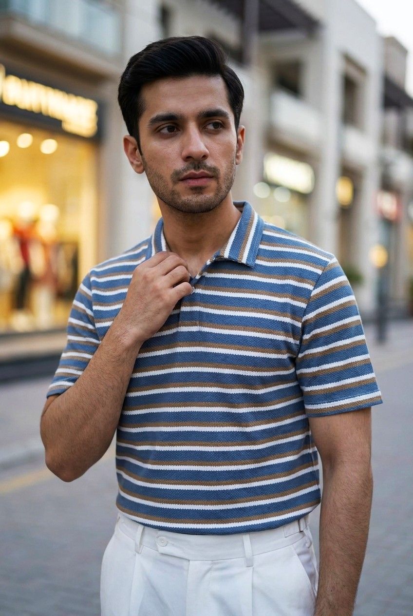 Gambluss Knitted Cotton Textured Polo Shirt - Stripped