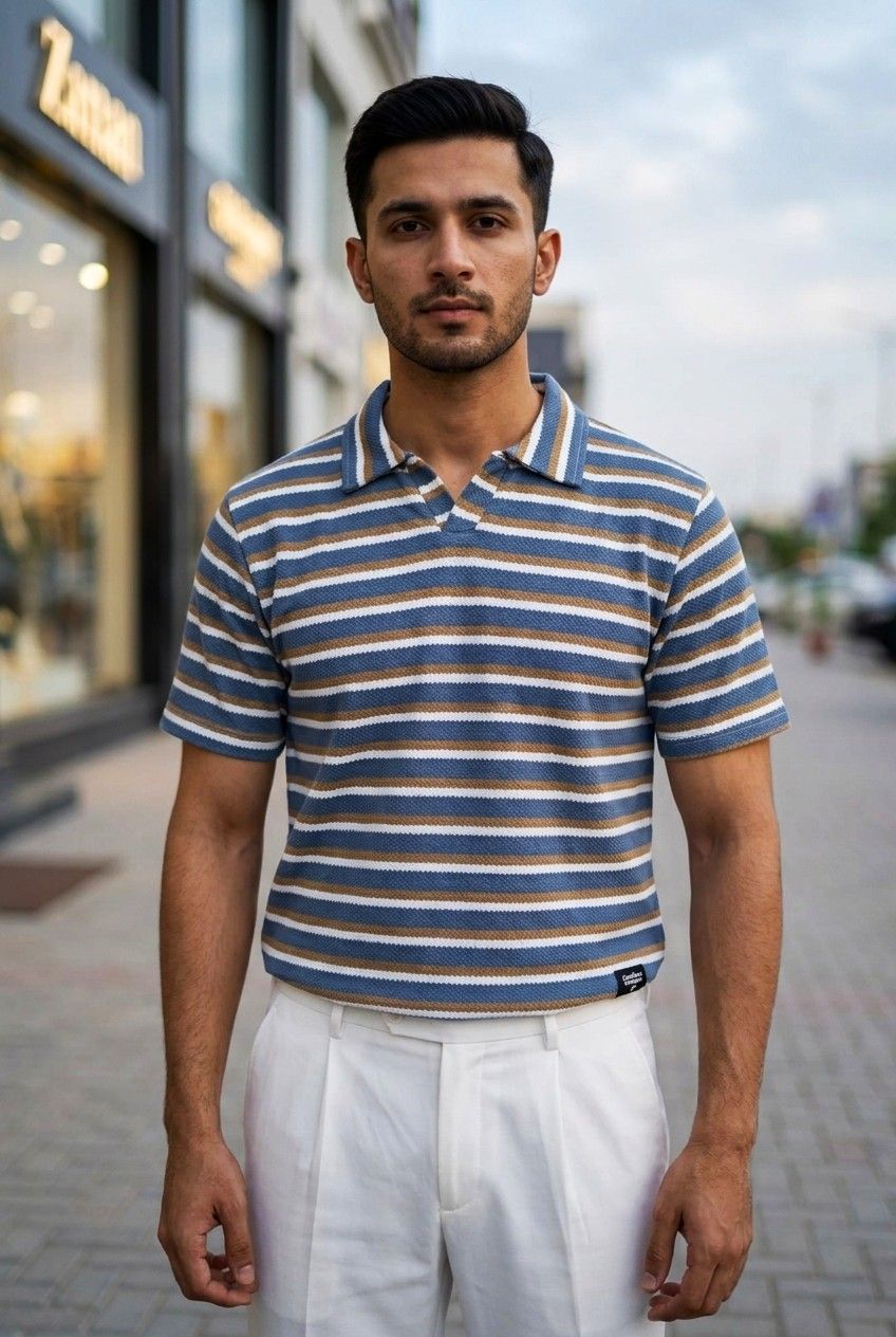 Gambluss Knitted Cotton Textured Polo Shirt - Stripped