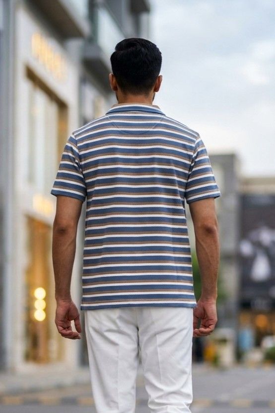 Gambluss Knitted Cotton Textured Polo Shirt - Stripped