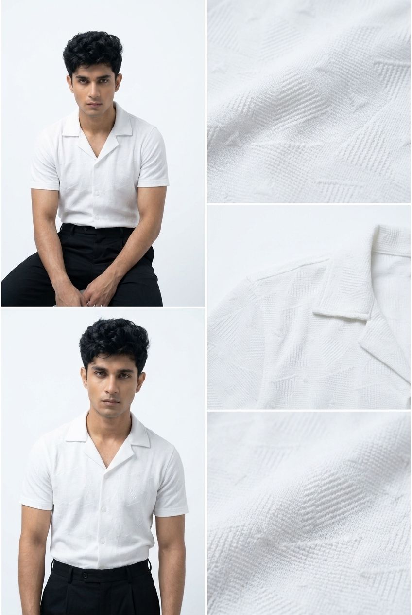 Gambluss White Textured Cuban Collar Shirt | Premium Men's Stretch Half Sleeve Shirt