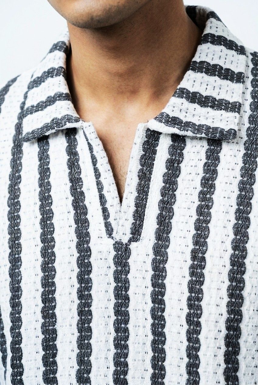 Gambluss White & Black Striped Turkish Textured Drop Shoulder Polo Shirt | Premium Men's Knit Polo