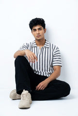 Gambluss White & Black Striped Turkish Textured Drop Shoulder Polo Shirt | Premium Men's Knit Polo