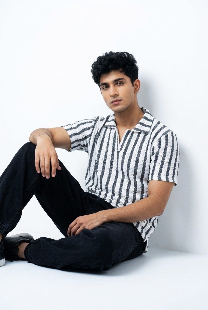 Gambluss White & Black Striped Turkish Textured Drop Shoulder Polo Shirt | Premium Men's Knit Polo