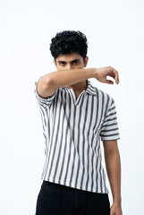Gambluss White & Black Striped Turkish Textured Drop Shoulder Polo Shirt | Premium Men's Knit Polo