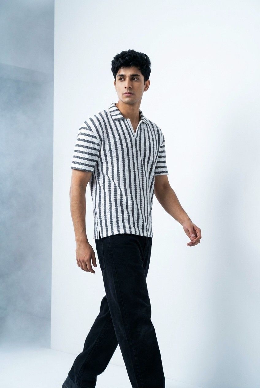 Gambluss White & Black Striped Turkish Textured Drop Shoulder Polo Shirt | Premium Men's Knit Polo