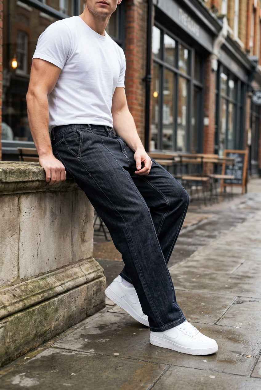 Gambluss Stretchable Belt Relaxed-Fit  Pleated Pant-Structured Black