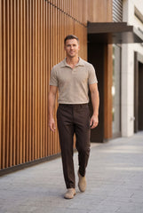 Men’s Beige Textured Turkish Polo Shirt – Johnny Collar | Stretchable Breathable Premium Fabric