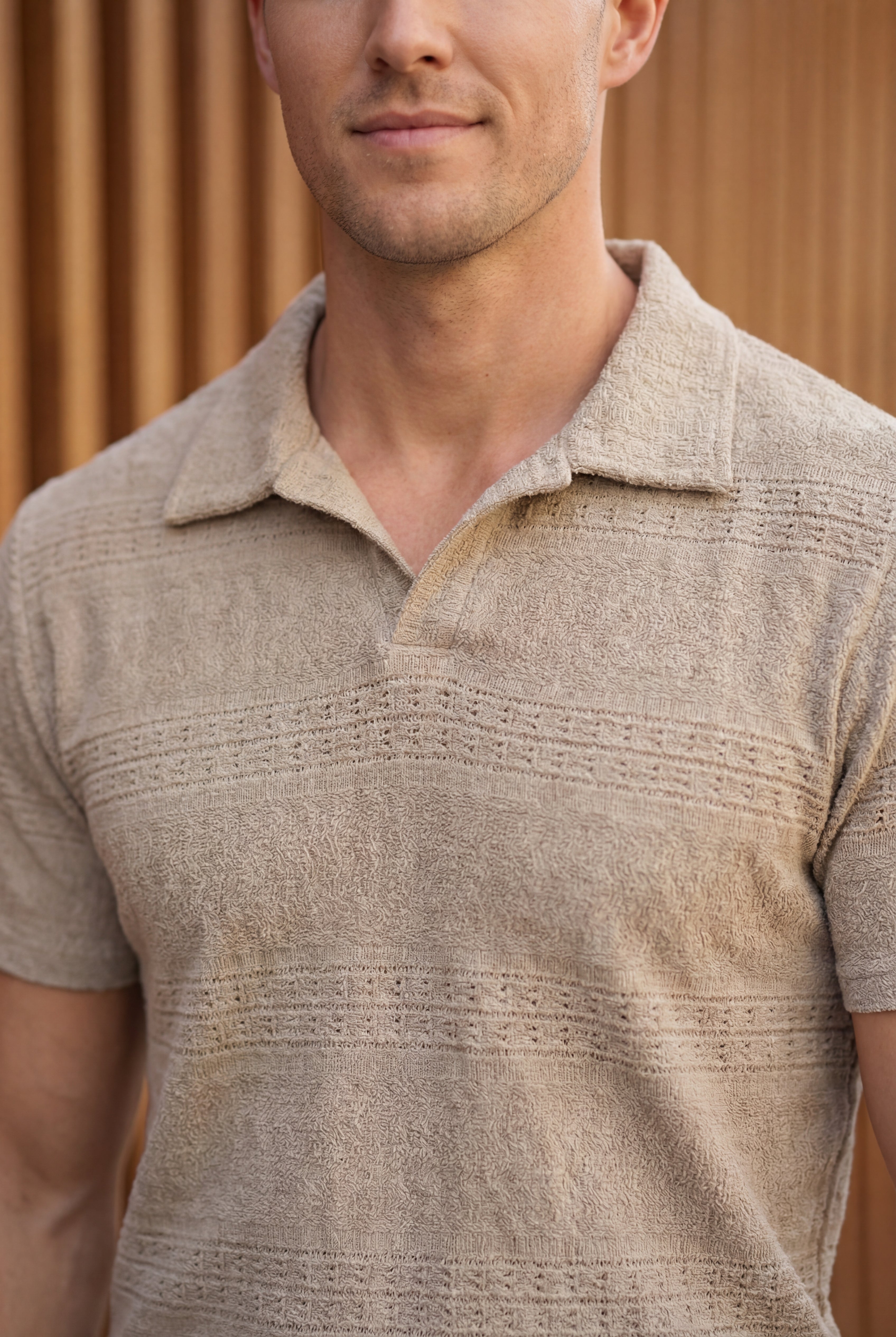 Men’s Beige Textured Turkish Polo Shirt – Johnny Collar | Stretchable Breathable Premium Fabric