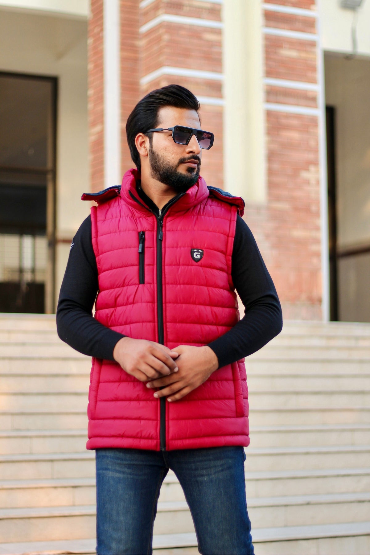 Maroon Sleeveless Removable Hood Puffer Jacket