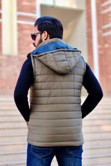 Olive Sleeveless Removable Hood Puffer Jacket