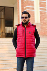 Maroon Sleeveless Removable Hood Puffer Jacket