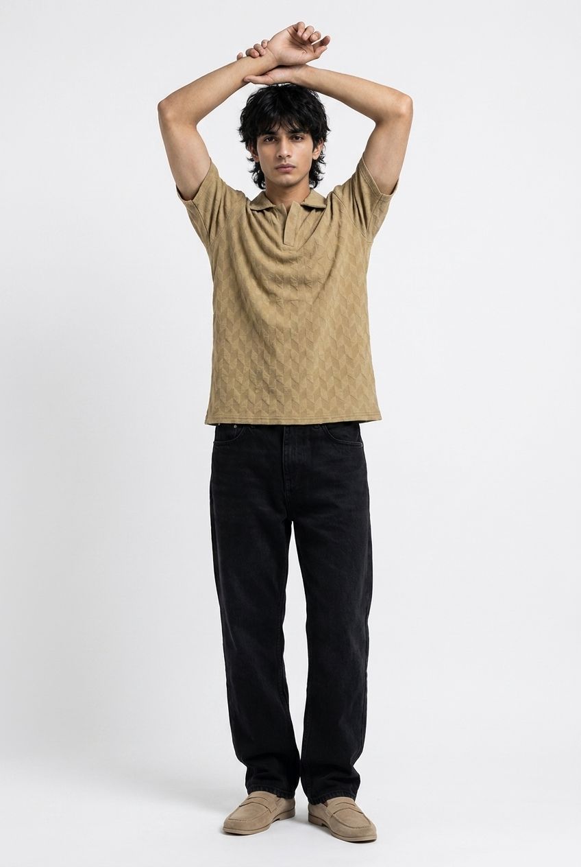 Johnny Collar Embossed Textured Polo Shirt for Men | Beige