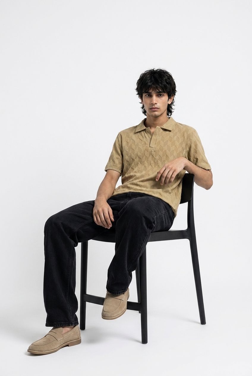 Johnny Collar Embossed Textured Polo Shirt for Men | Beige