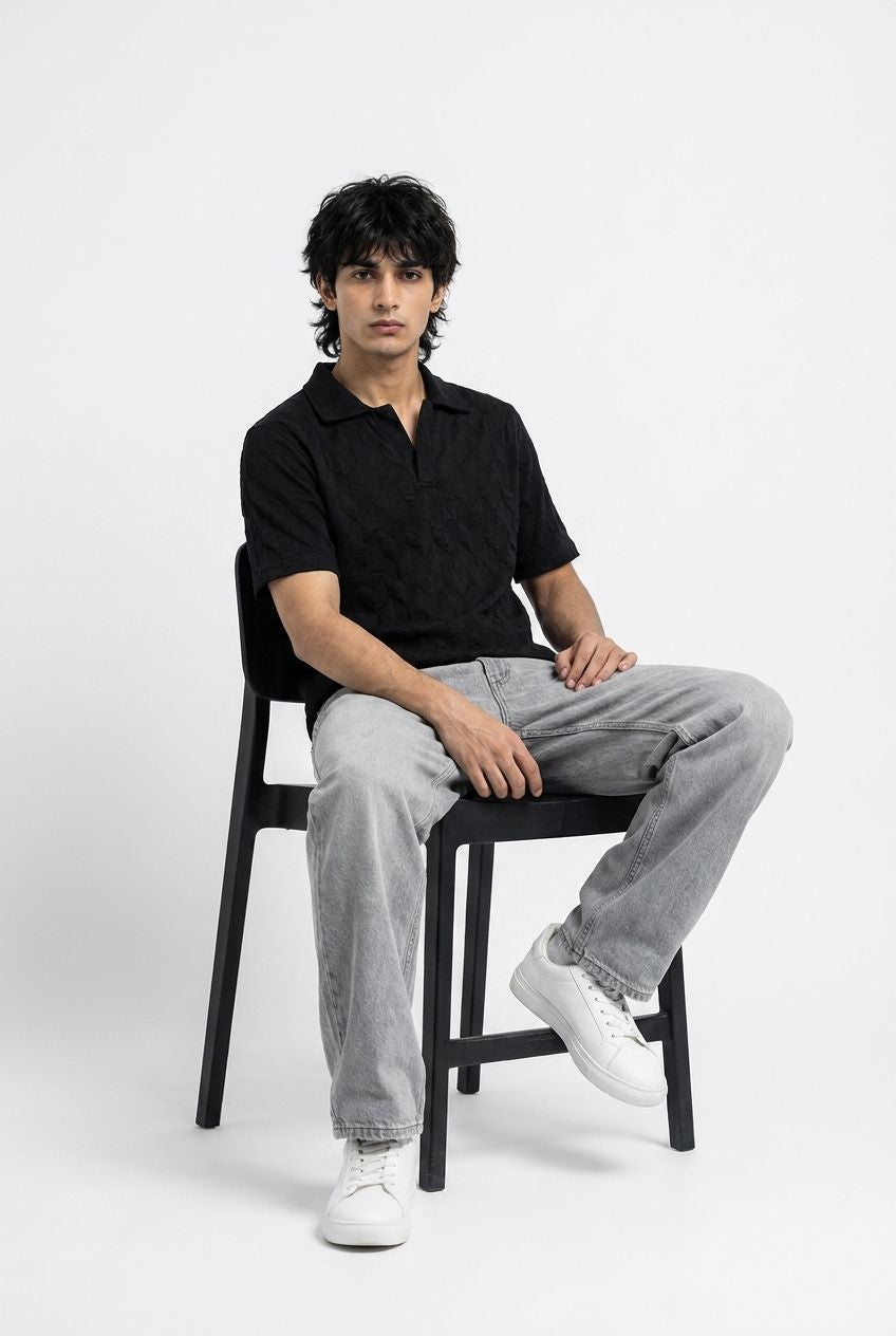Johnny Collar Embossed Textured Polo Shirt for Men | Black