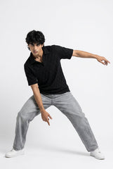 Johnny Collar Embossed Textured Polo Shirt for Men | Black