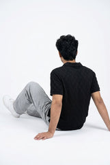 Johnny Collar Embossed Textured Polo Shirt for Men | Black