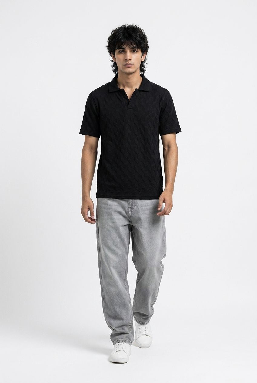 Johnny Collar Embossed Textured Polo Shirt for Men | Black
