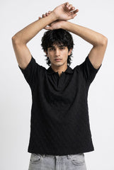 Johnny Collar Embossed Textured Polo Shirt for Men | Black