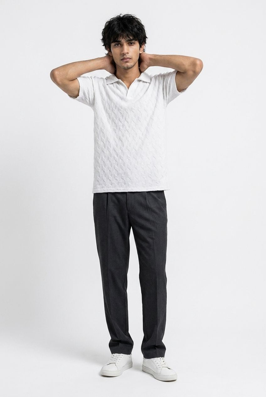 Johnny Collar Embossed Textured Polo Shirt for Men | White