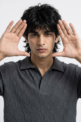 Johnny Collar Embossed Textured Polo Shirt for Men | charcoal