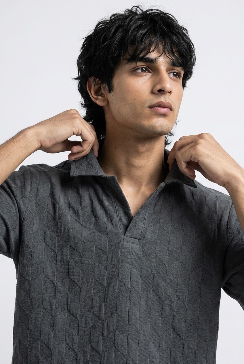 Johnny Collar Embossed Textured Polo Shirt for Men | charcoal