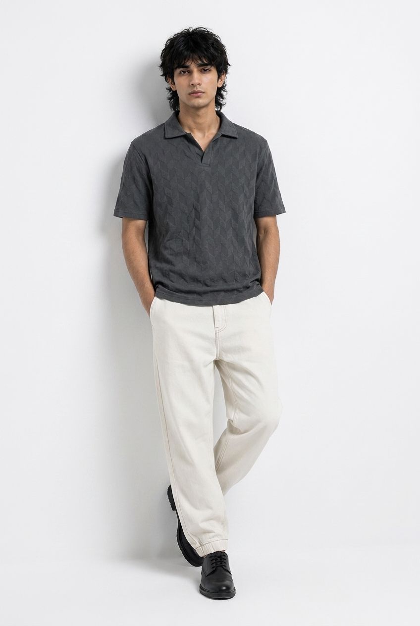 Johnny Collar Embossed Textured Polo Shirt for Men | charcoal