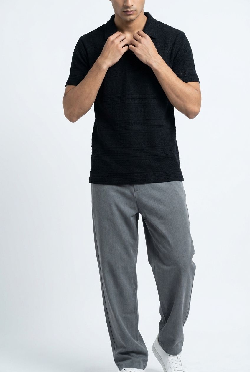 Men’s Black Textured Turkish Polo Shirt – Johnny Collar | Stretchable Breathable Premium Fabric