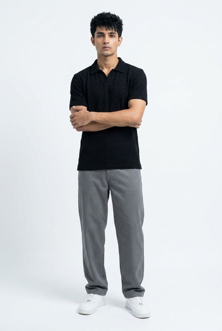Men’s Black Textured Turkish Polo Shirt – Johnny Collar | Stretchable Breathable Premium Fabric