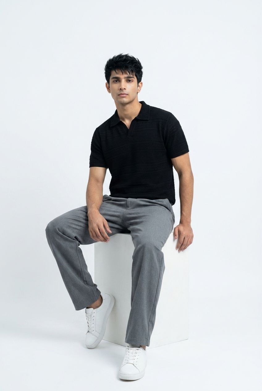 Men’s Black Textured Turkish Polo Shirt – Johnny Collar | Stretchable Breathable Premium Fabric