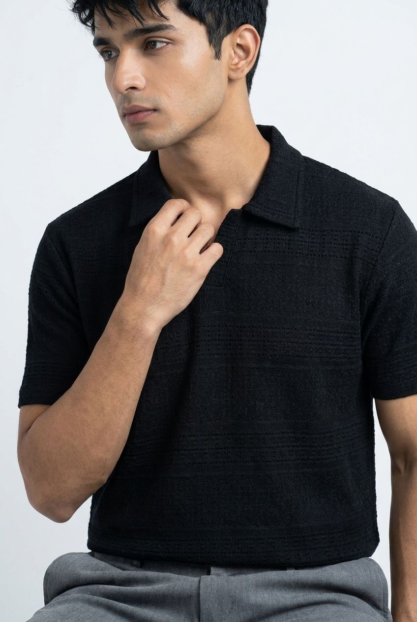 Men’s Black Textured Turkish Polo Shirt – Johnny Collar | Stretchable Breathable Premium Fabric