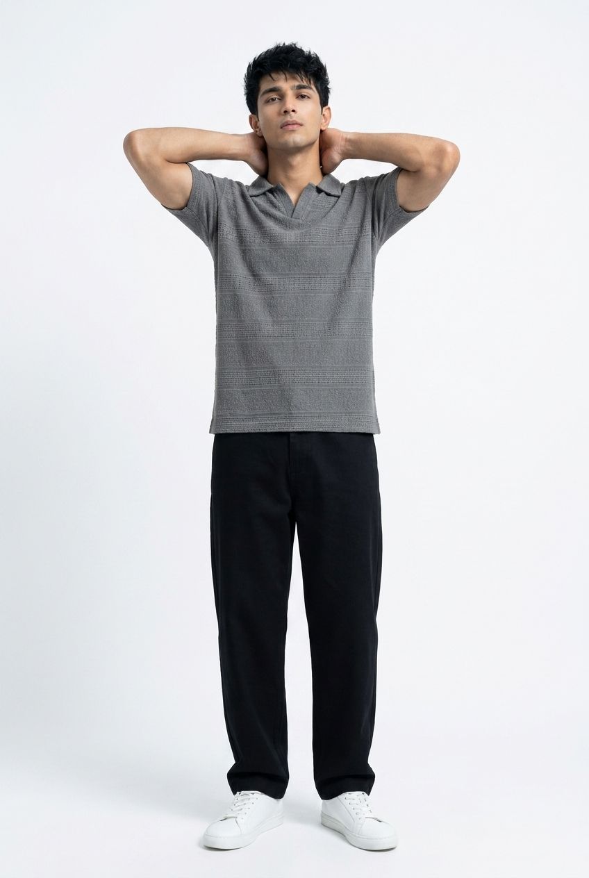 Men’s Grey Textured Turkish Polo Shirt – Johnny Collar | Stretchable Breathable Premium Fabric