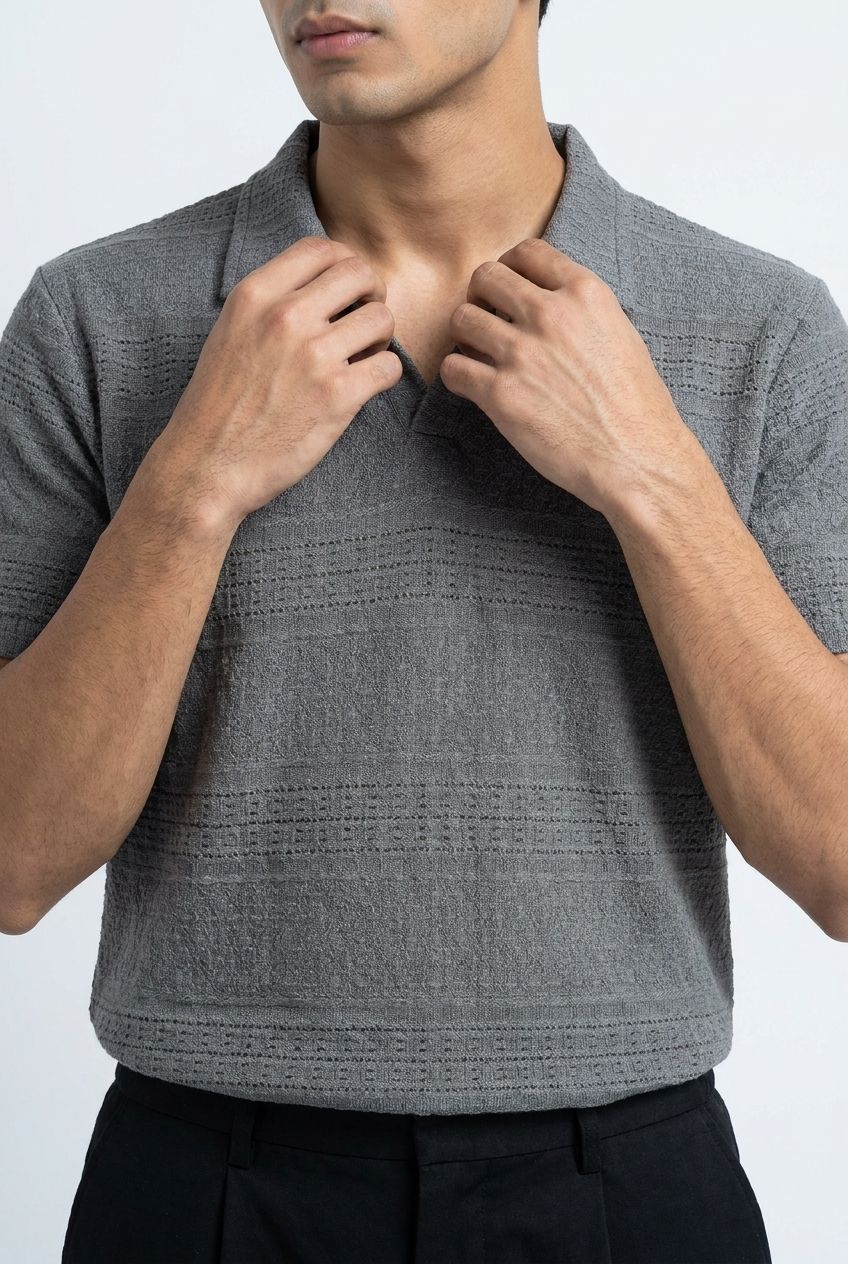 Men’s Grey Textured Turkish Polo Shirt – Johnny Collar | Stretchable Breathable Premium Fabric