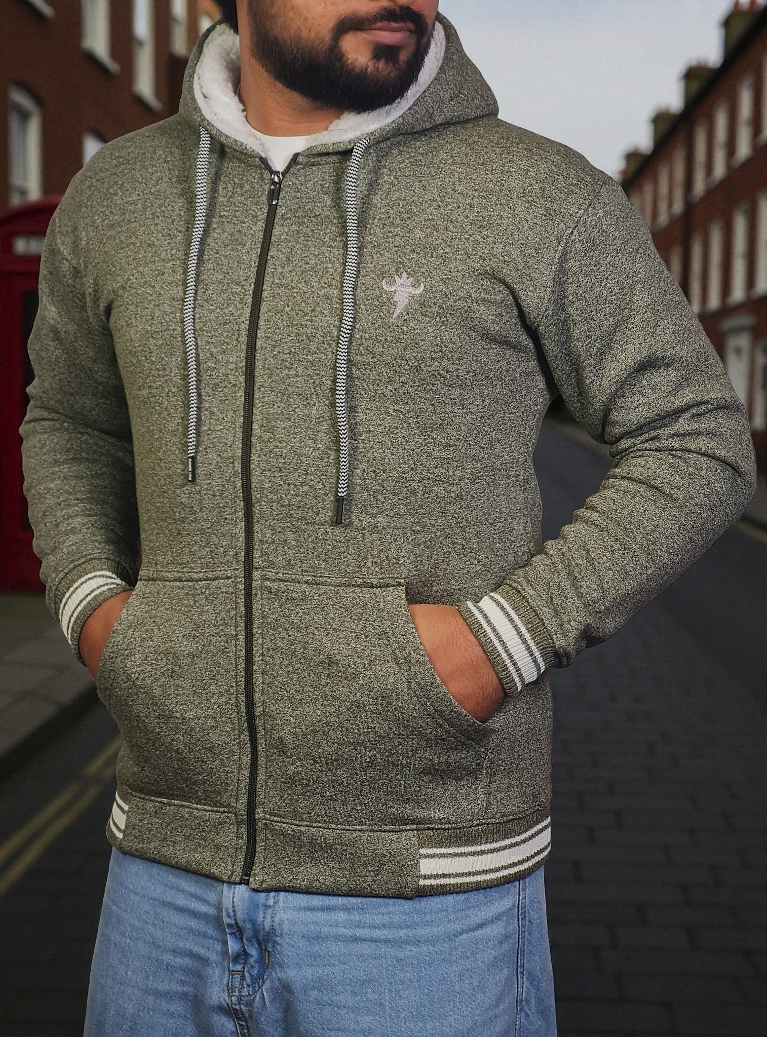 Gambluss Olive Winter Hoodie – Chain Yarn Fleece 350 GSM with Fur Inner