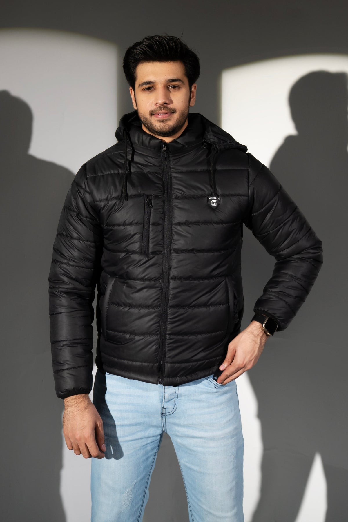 Black Full Sleeve Removable Hood Puffer Jacket